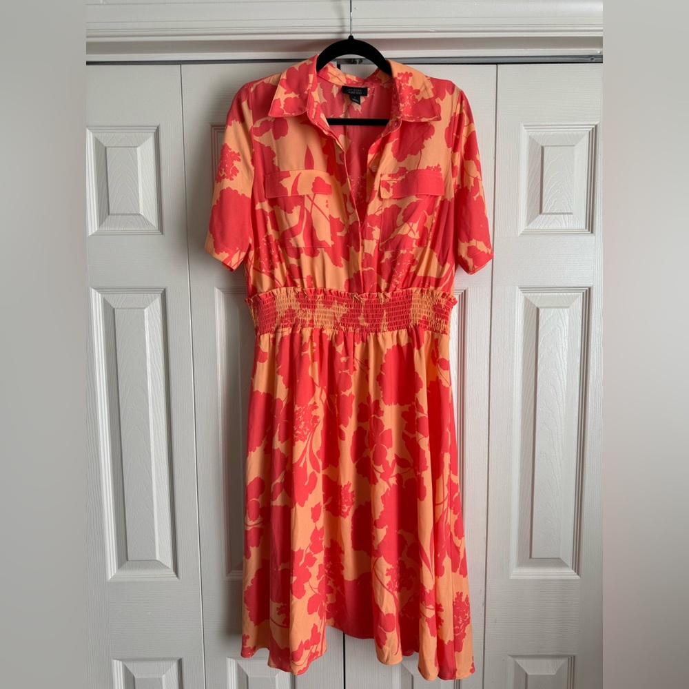 HALOGEN X ATLANTIC-PACIFIC Orange Pink Floral Smocked Utility Dress Coral